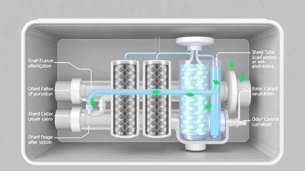 음식물 처리기 내부의 다단계 필터 시스템이 공기를 정화하는 구조도