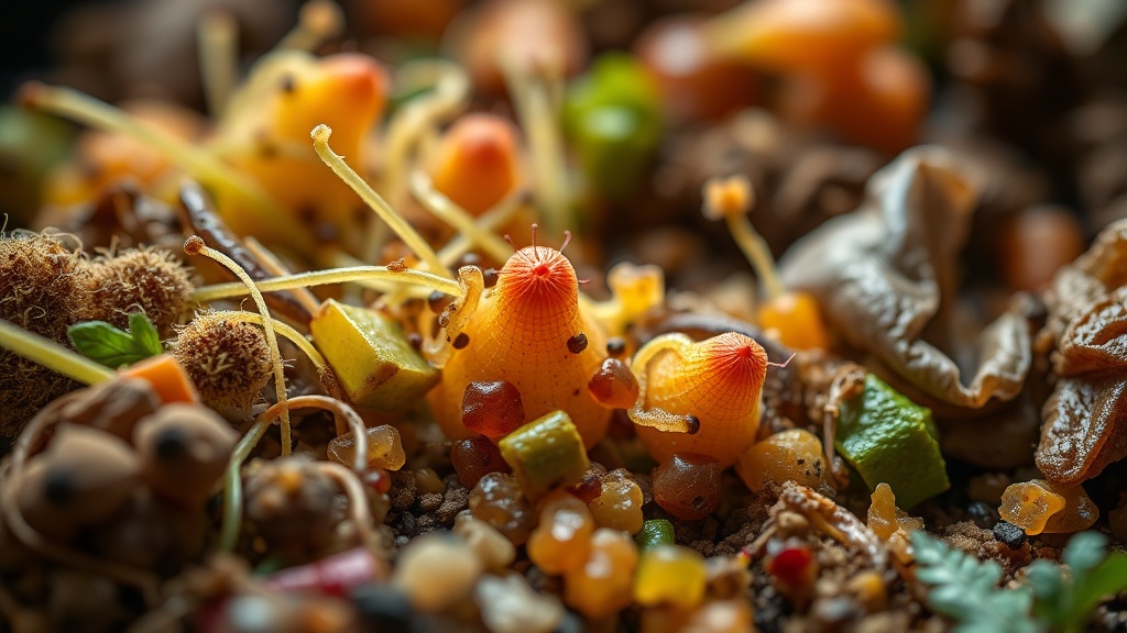 미생물을 활용하여 음식물 쓰레기를 친환경적으로 분해하는 과정의 시각적 표현