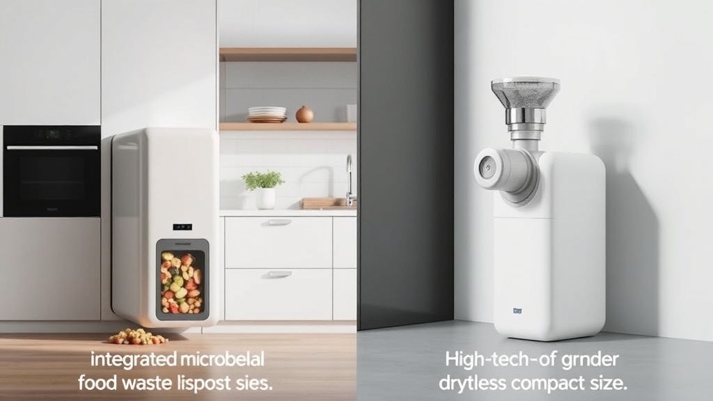 현대적인 주방에 설치된 미생물 방식과 건조 방식 음식물 처리기의 외관 비교 모습